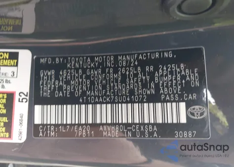 2025 Toyota Camry Se from USA, damaged, VIN 4T1DAACK7SU041072